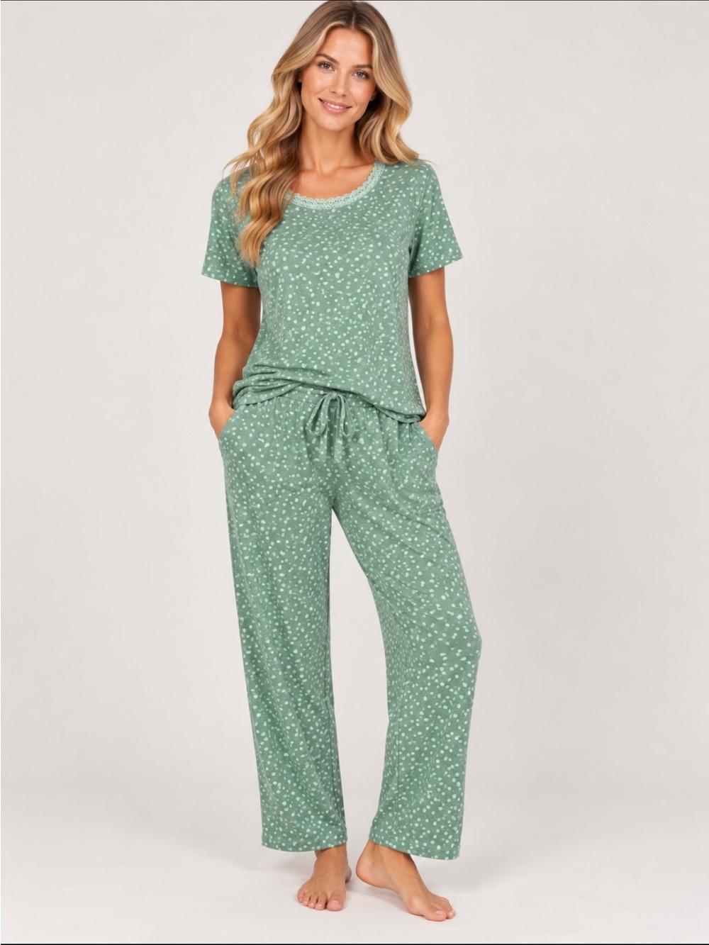Flora Nikrooz Women Knit Green/Light Green Dot Short Sleeve Pajama Set Pockets 😍